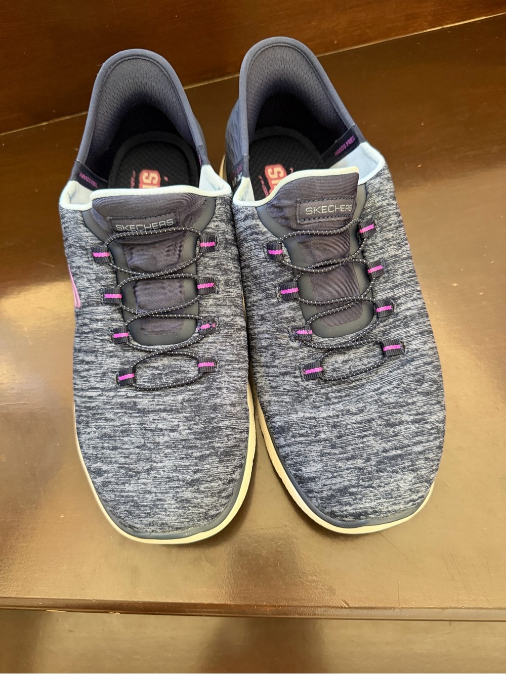 Skechers Women’s Gray Knit Slip-On Sneakers with Pink Details